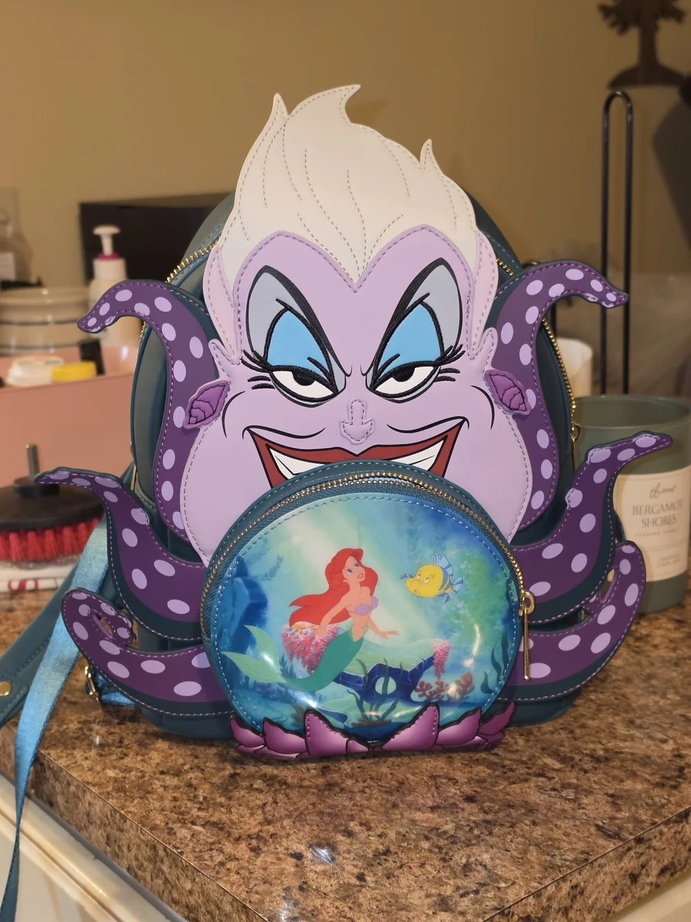 Loungefly Ursula Purple and Teal Disney Backpack with Ariel Front Pocket
